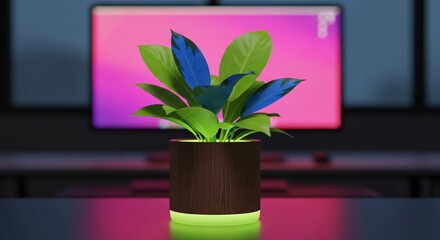 Vibrant plant glows with modern desk setup and colorful screen