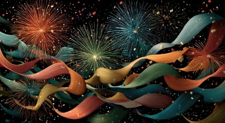 Colorful ribbons & fireworks on black background