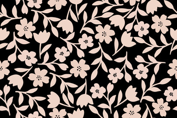 Seamless floral pattern with soft pink blossoms and leafy branches on a bold black background, ideal for fabric, wallpaper, and stylish modern decor.
