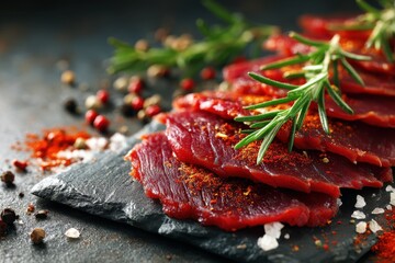 Freshly Sliced Beef with Spices and Herbs on Slate Background