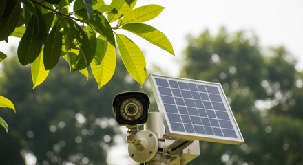 Solar powered security camera monitors outdoors with green leaves