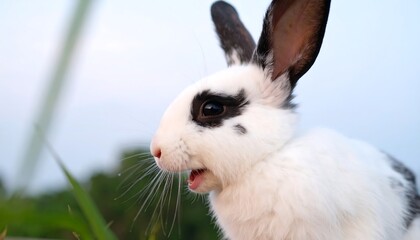 Obraz premium Close-up of a black and white rabbit outdoors, mouth slightly open