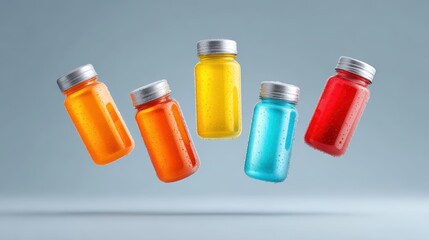 Five colorful jars of liquid float against a light backdrop, showcasing vibrant orange, yellow, blue, and red hues.