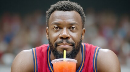 A focused man in a basketball jersey enjoys a colorful drink while sitting on the sidelines, exuding determination and relaxation.