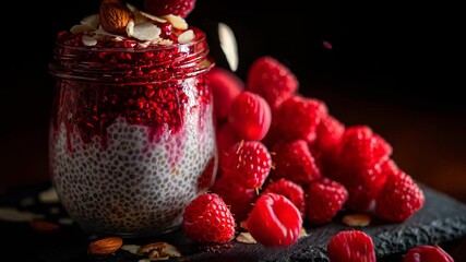 Moody elegance: chia pudding jar with raspberry compote, almond flakes and falling berries on dark slate - Powered by Adobe