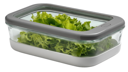 Gray plastic-framed glass container with fresh greens