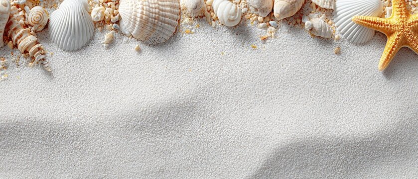 White sand beach with seashells and starfish
