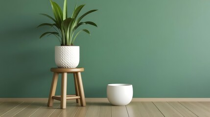 A potted plant on a wooden stool against a green wall in a minimalist indoor setting with wood floor