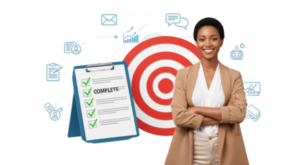 Confident business woman with crossed arms standing next to a target and a completed checklist, symbolizing goal achievement and business success, isolated on transparent background