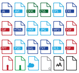 Set of web file icons of  AI, AVI, DOC,EPS,EXE, GIF, HTML, JPG, HAR, MP3, PPT,PDF, SVG,TXT,XLS and ZIP FOR graphics