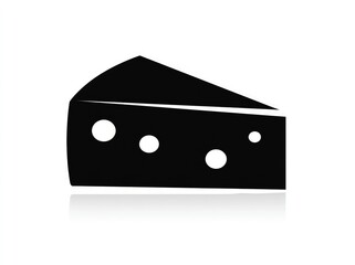 Simple black silhouette of a wedge of cheese with visible holes, cast against a white background with a subtle reflection