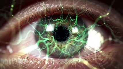 Macro view of a bionic eye showing a complex digital interface with glowing circuits and data, symbolizing the fusion of humanity and advanced technology. - Powered by Adobe