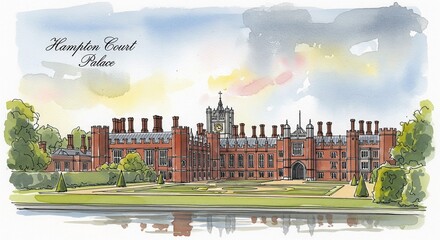 Digital painting of a view of the modern structure and landmark of Hampton Court Palace in watercolor style and text for display, wallpaper and more