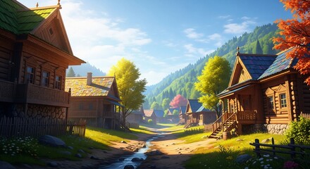 Idyllic wooden village nestled in a picturesque valley, bathed in sunlight, evoking a sense of tranquility and rural charm amidst a stunning natural landscape.