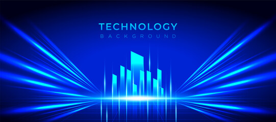 Technology background vector with glowing blue light beams and futuristic city building shapes on dark blue background. banners, templates, and digital technology projects
