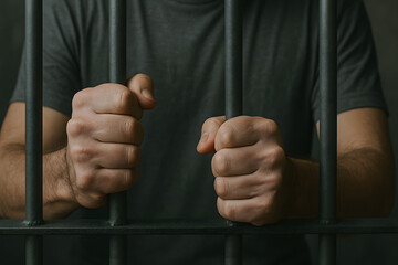 Prisoner hands gripping metal bars symbolizing incarceration and captivity concept, justice system punishment scene, crime consequence reality, human rights freedom loss, jail confinement emotion, law