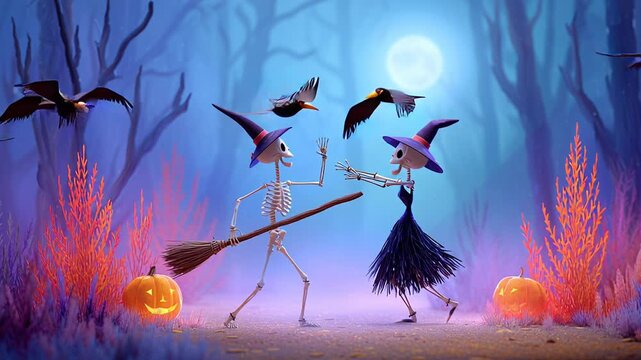 Halloween skeleton witch wizard dancing with broomstick spooky forest glowing pumpkin flying crow full moon bats joyful - Powered by Adobe