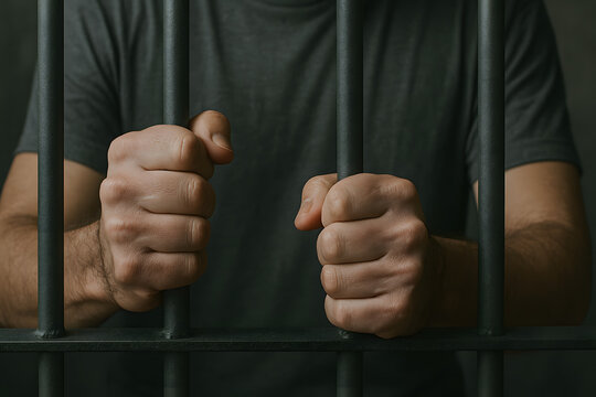 Prisoner hands gripping metal bars symbolizing incarceration and captivity concept, justice system punishment scene, crime consequence reality, human rights freedom loss, jail confinement emotion, law
