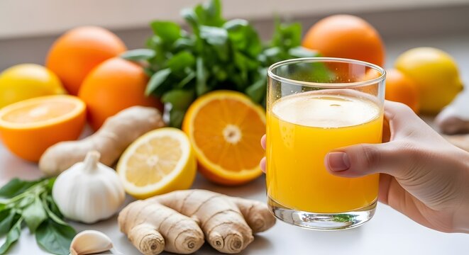 Refreshing citrus juice crafted from vibrant oranges, zesty lemons, and spicy ginger, promoting wellness and a robust immune system for a healthy daily boost