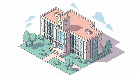 Isometric illustration of a modern university building with a clock tower, surrounded by trees and clouds, symbolizing education.