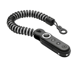 Black handheld device with coiled strap