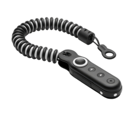 Black handheld device with coiled strap