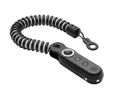 Black handheld device with coiled strap