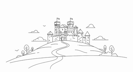 Majestic medieval castle with flag atop a grassy hill with a winding path and scattered trees under a cloudy sky.