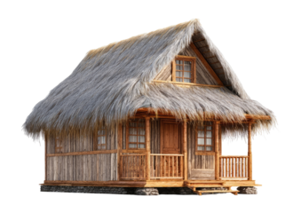 Small thatched-roof cabin, wooden exterior