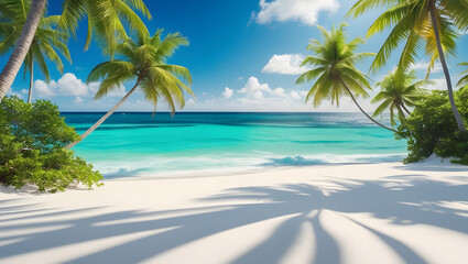 Obraz premium Tropical beach background, white sand, turquoise ocean, palm trees, bright sunlight