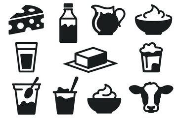 Icon set of dairy items featuring milk cheese butter yogurt cream and farm cow illustration vector