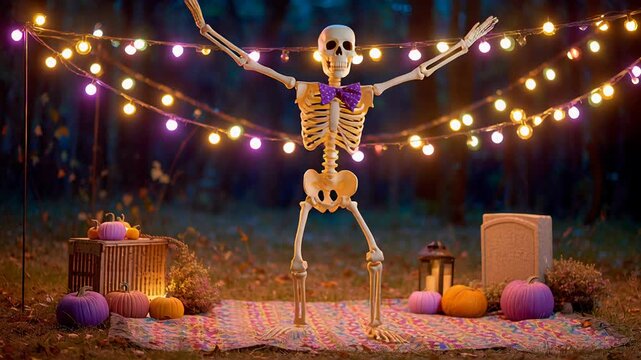 Halloween skeleton with purple bow tie dancing string lights surrounded by pumpkins and colorful lanterns autumn blanket night