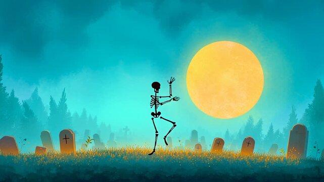 Skeleton dancing under full moon in spooky graveyard with eerie blue sky, glowing yellow light, tombstones at night atmosphere