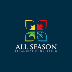 Colorful four seasons logo with a maple leaf, sun, and snow icons. This modern symbol is perfect for financial consulting or investment services in Canada, promoting year-round growth.