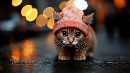 Orange cat wearing hat, looking at the viewer on the street