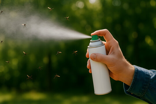 Hand spraying insect repellent aerosol against mosquitoes outdoors, close up protective bug spray concept, pest control prevention in summer garden, anti mosquito chemical protection for human health 