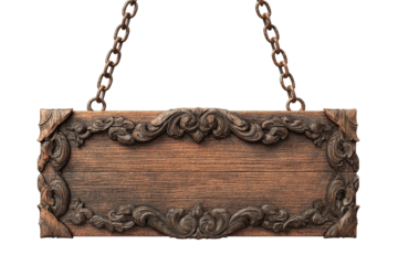 Ornate wooden sign hanging by chain