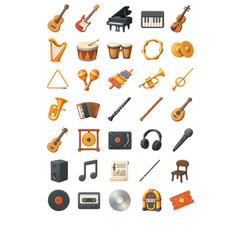 Obraz premium Diverse Array of Musical Instruments and Sound Related Icons guitar piano isolated on a transparent background