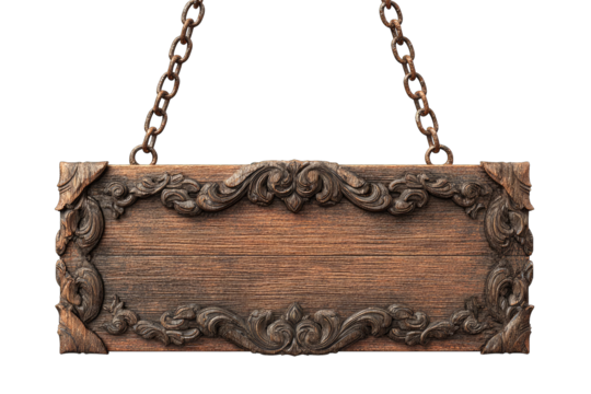 Ornate wooden sign hanging by chain