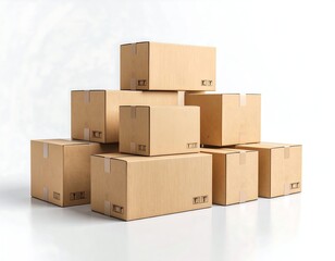 Stack of brown cardboard boxes on white background