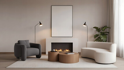 Modern living room with a fireplace two armchairs and a blank picture frame above the mantelpiece