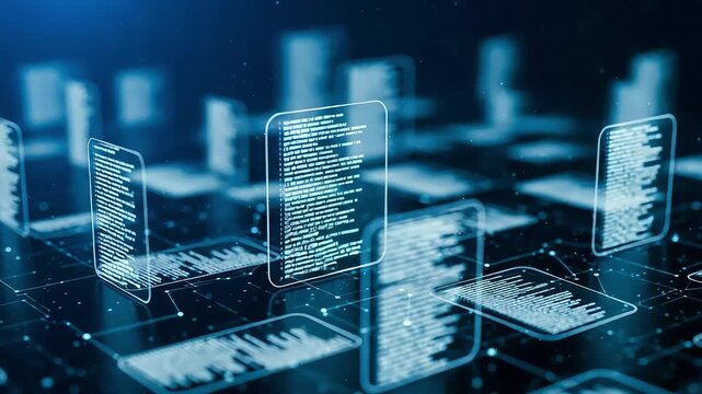 Abstract digital data streams and code displayed on futuristic screens, representing big data and technology in a connected network