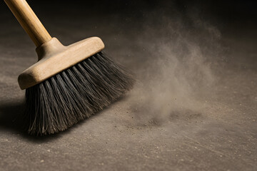 Broom sweeping dust on dirty floor close up cleaning concept, household hygiene equipment for janitor work, wooden handle brush removing dirt particles, home chore maintenance, housekeeping background