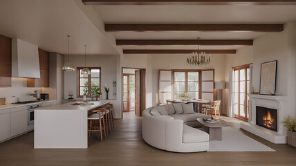 Modern open concept living room and kitchen with fireplace and comfortable seating