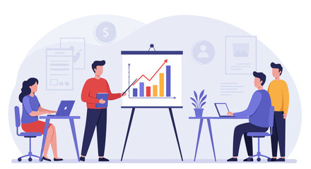 Fototapeta premium Business Presentation with Team Members and Financial Chart.