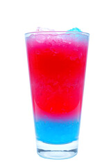 Cold and refreshing glasses of water, juice, and fruity cocktails with ice are isolated on a white background