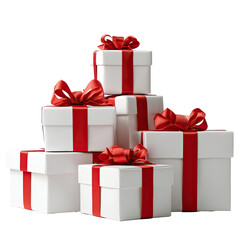 Fototapeta premium Stack of white gift boxes with red ribbons