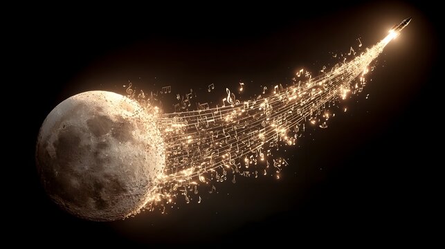 Rocket made of musical notes soaring toward glowing moon