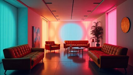 Interior living room scene with vibrant neon lighting.