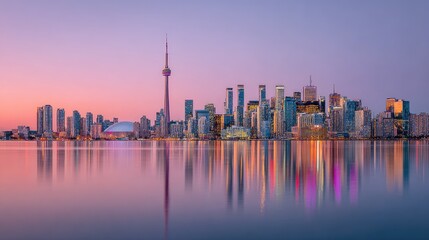 City skyline at sunrise, reflected in water
